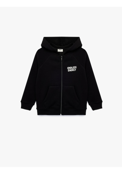 Koton Baskı Detaylı Pamuklu Cepli Üç İplik Şardonlu Kapşonlu Fermuarlı Sweatshirt Siyah 7wkb10228tk