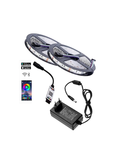 10 Metre 12v 60 Ledli Rgb Dış Mekan Şerit Led 5a Priz Tipi Plastik Adaptör Bluetoothlu Telefondan Le