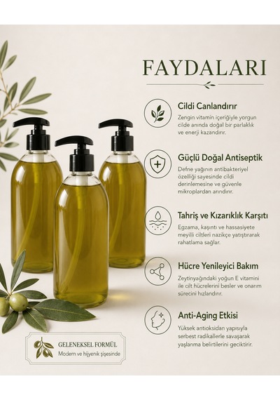 %100 Doğal Zeytinyağlı Ve Defne Özlü Sıvı Sabun - Cilt Canlandırıcı & Nemlendirici - 3 Adet