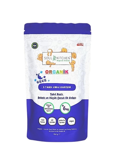Organik Bebek Gece Maması Tahıl Bazlı B1 Vitaminli Ek Gıda 3 Tahıl Unlu Karışım 250gr
