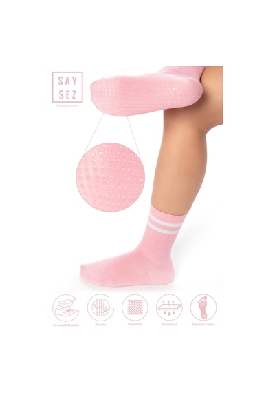 Saysez Bambu Kadın Kaydırmaz Taban Silikon Baskı Pilates Yoga Fitness Bale Dans Aktivite Tenis Çorabı 3'lü Renkli