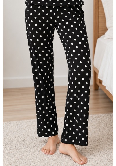 Kadın Desenli İkili Siyah Rahat Pijama Takımı 4814