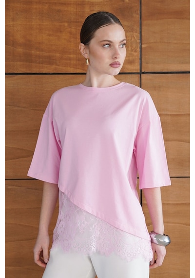 Verymoda Dantel Detaylı Asimetrik Tişört D2953 Pembe