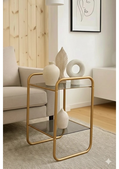 Odessa Yan Sehpa - Gold Metal Modern Yan Sehpa Füme Camlı Şık Salon Sehpası Gold