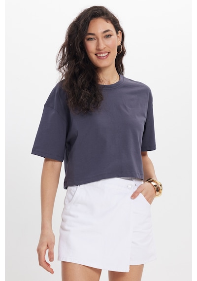 Tudors Kadın Slim Fit Dar Kesim Pamuk Kısa Kollu Bisiklet Yaka Gri Crop Tişört-50469 L