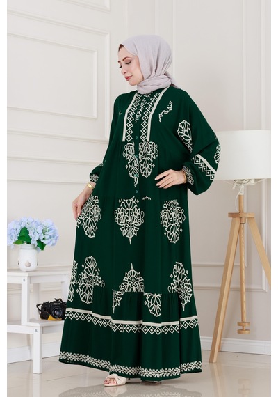 Sevitli Yarım Düğmeli Robalı Beyza Elbise-yeşil-5142