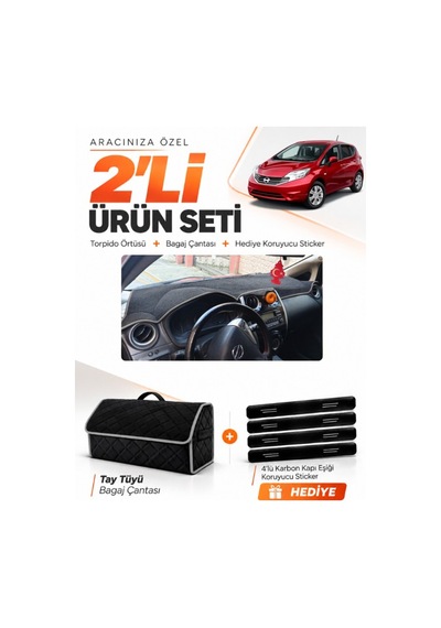 Nissan Note E12 2009-sonrası Uyumlu Torpido Örtüsü + Tay Tüyü Bagaj Çantası + Sticker - Siyah Gri