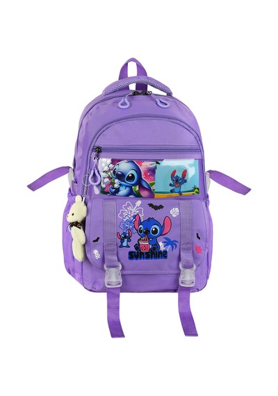 Stitch Baskılı Ortopedik Aksesuarlı Anahtarlıklı Okul Çantası Termal Beslenme Ve Kalemlikli Set Mor