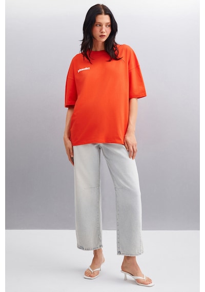 Grımelange Arcadıa Kadın %100 Pamuk Arka Ve Önü Yazi Detaylı Baskılı Slim Kırmızı T-shirt Kırmızı