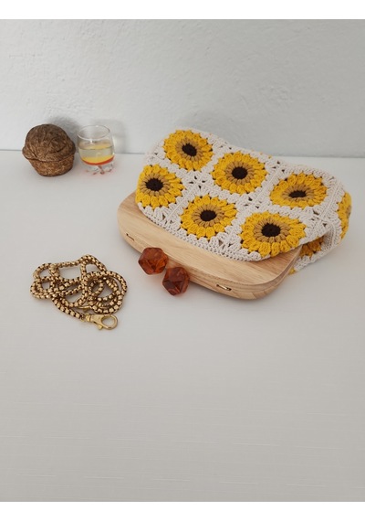 Fikriharika Design Ayçiçeği Motifli Ahşap Burslu El Çantası Çok renkli