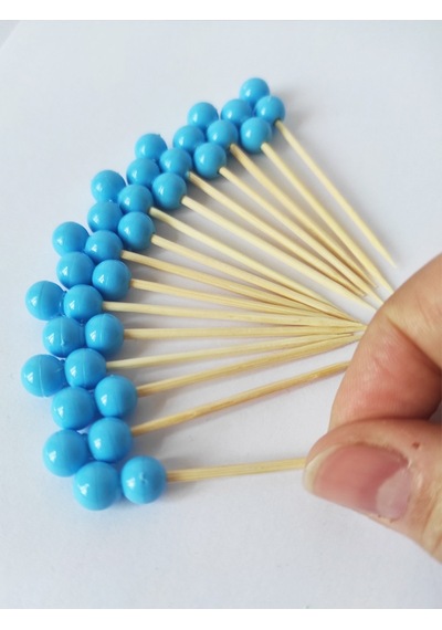 100 Adet Çift Boncuklu Mavi Baby Shower Kürdanı 6 cm - Boncuk 8 mm - Mavi Pasta Kürdanı