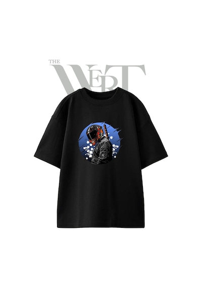 Thewert Kaskli Ninja Tasarım Baskılı Ünisex Siyah Oversize T-shirt
