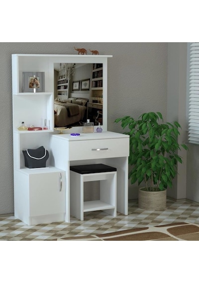 AE-4002 Novella Puflu Aynalı Makyaj Masası, Dolaplı, Çekmeceli, Raflı, Beyaz, Minderli, Tuvalet