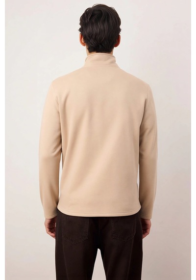 Benerly Erkek Dik Yaka Standart Kol Nakışlı Sweatshirt Fonksiyonel Dayanı Bej
