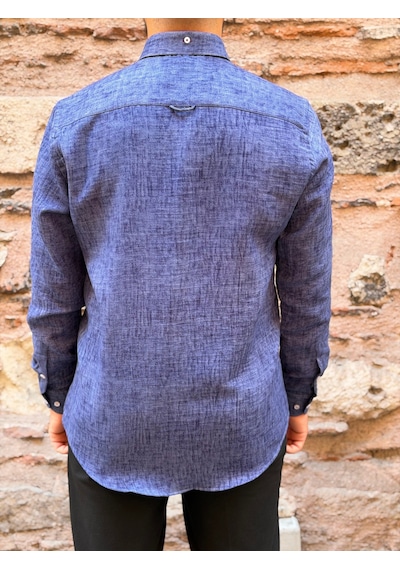 Slim Fit Uzun Kol Müslin Dijital Baskılı Hediye Kutulu Erkek Gömlek Fs-004599 - Lacivert-3362