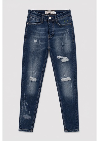 Blue White Erkek Skinny Ripped Patch Detaylı Jean Koyu Mavi 25