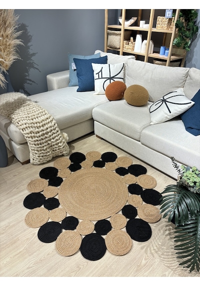 Mavaux Hasır Jüt Çiçek Desenli Kilim Halı Siyah - Hasır