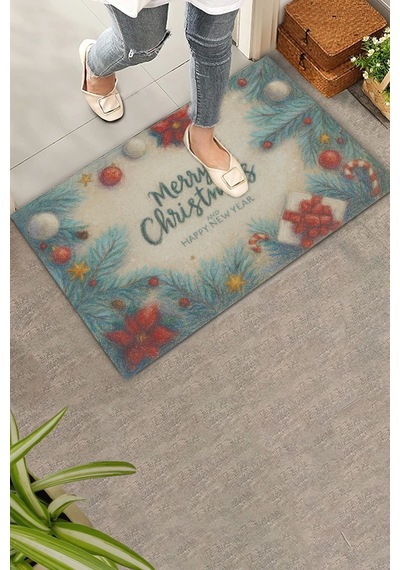 Valerine Life Tebeşir Çizimi Yılbaşı Noel Çam Ağaçlı Welcome Hoş Geldiniz Kapı Önü Paspası 45x70cm Kahverengi