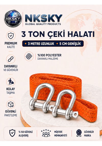 3 Ton Araç Çekme Halatı 3 Metre 5 Cm Genişlik Güçlendirilmiş Uçlu Oto Çeki Halatı