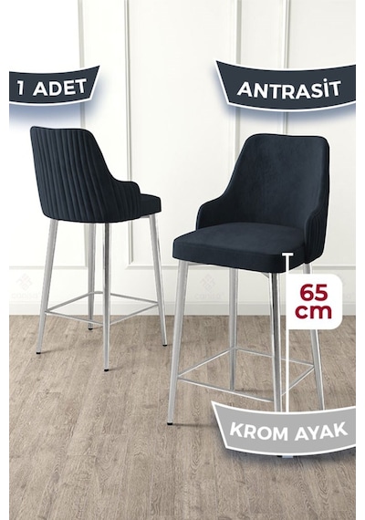 Canisa Tera Serisi 1 Adet Babyface Kumaş 65 Cm Krom Kaplama Ayaklı Antrasit Bar Sandalyesi Antrasit Sandalye Krom Kaplama Ayak
