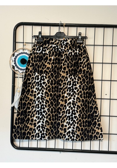 Dema Leopar Desenli Denim Çan Etek Yüksek Bel A Kesim Günlük Kadın Denim Etek