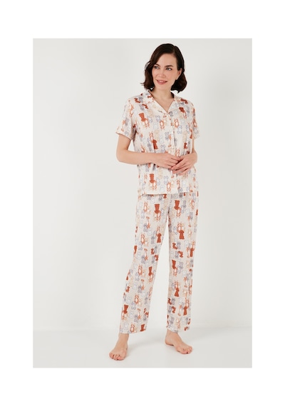 Lela Desenli Kısa Kollu Beli Lastikli Gömlek Yaka Dokuma Regular Fit Bayan Pijama Takımı 6571010 Bej