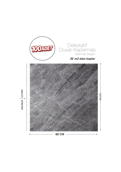 60x60 Cm Kendinden Yapışkanlı Duvar,banyo,tezgah Arası Antrasit Mermer-100 Adet 8807-60-100