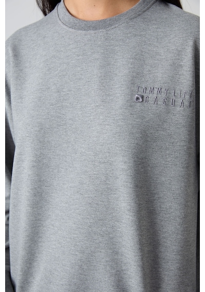 Tommy Life Gri Melanj Basic Pamuklu O Yaka Oversize Lastik Paça Kadın Eşofman Takım - 95287 GRİ MELANJ