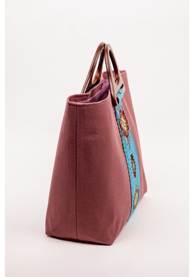 Fabric Craft Bag El Çantası Pembe Duck Kumaş Ahşap Saplı Lila - Pembe