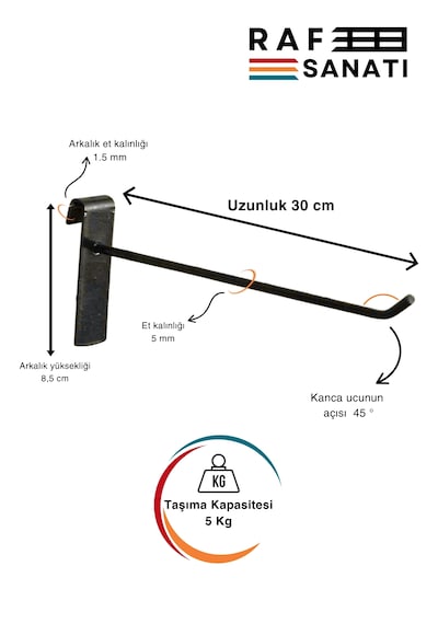 Siyah Tel Pano Kancası 30 Cm - Askı Kanca Raf Askısı Raf Aksesuar Tel Askı Çorap Kancası 10 Adet