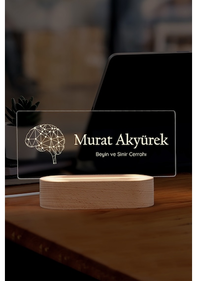 Doktorlar İçin Kişiye Özel Led Masa İsimliği Masif Ahşap Tabanlı Usb Kablolu Pleksi Led Gece Lambası