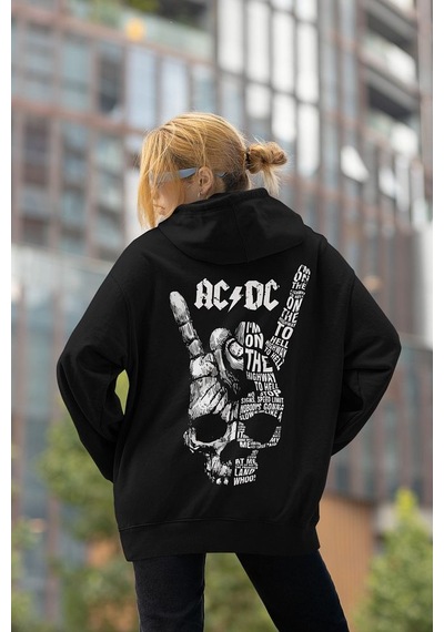 Sevbano Rock Metal Müzik Grubu Baskılı Unisex Oversize Ac Dc Hoodie Siyah