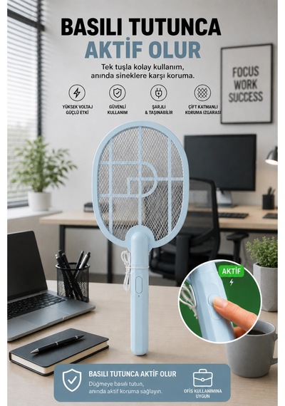 Glr Usb-016 Mavi Şarj Edilebilir Sinek Raketi Type-c Girişli Sivrisinek Ve Sinek Öldürücü Raket