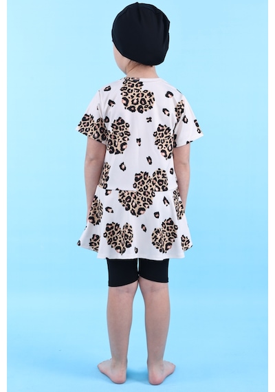 Zuzunga Leopar Desenli Kız Çocuk Boneli Mayo Takımı Siyah
