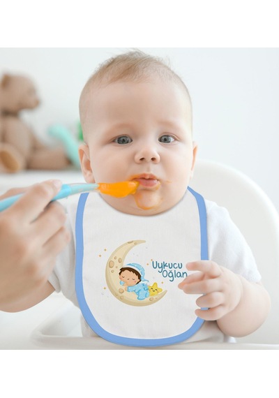 Bk Kids Uykucu Oğlan Tasarımlı Mavi Bebek Mama Önlüğü Mavi