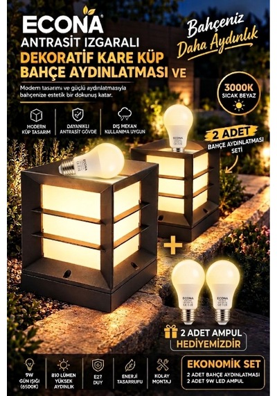 2 Adet Antrasit Dekoratif Kare Küp Set Üstü Izgaralı Abs Bahçe Aydınlatma Armatürü Set Üstü Dekoratif Aplik,baba Üstü,9w Led Ampul Dahil 3000k