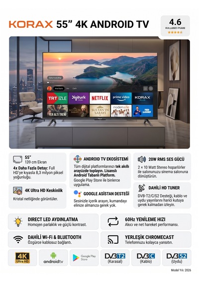 Korax 55" 140 Ekran 4K Ultra HD Android TV