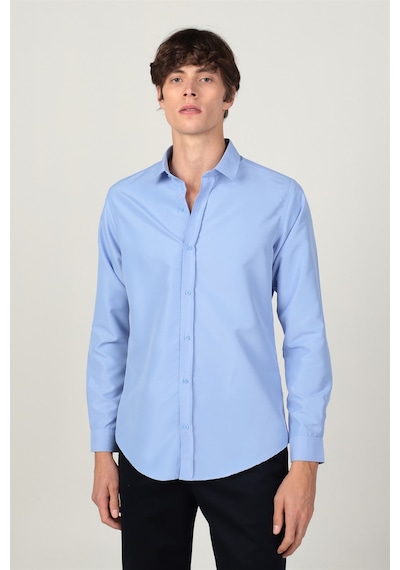 Tudors Slim Fit Uzun Kollu Kolay Ütü Teri Emen Nefes Alan Doku Kravatlık Dört Mevsim Erkek Gömlek 24892 Mavi