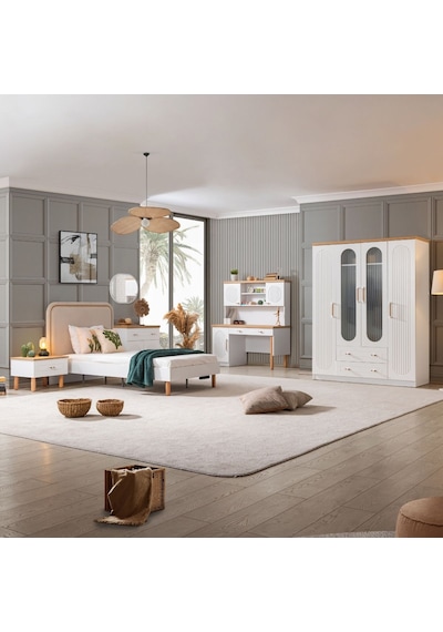 Vita Bohem Genç Odası - 4 Kapaklı Dolap, Karyola, Komodin, Çalışma Masası, Şifonyer Beyaz Vita Bohem Genç Odası - 4 Kapaklı Dolap, Karyola, Komodin, Çalışma Masası, Şifonyer Beyaz