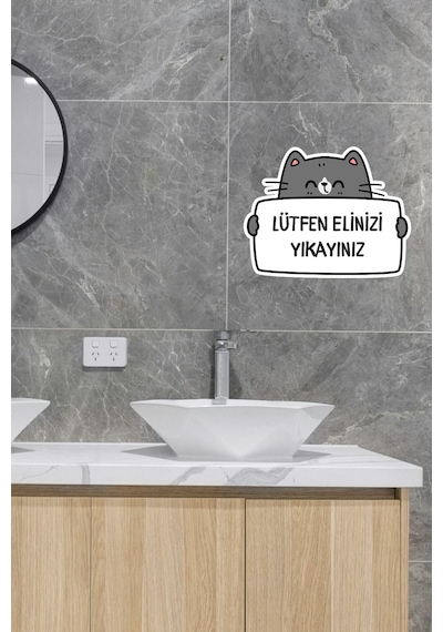 Lütfen Elinizi Yıkayınız Sticker Gri Kedi Figürlü Etiket Standart