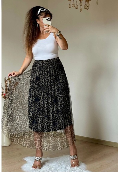 Azra Butik Açık Leopar Tül Etek Siyah