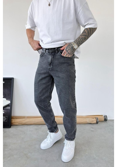 Dokulu Gri Basic Boyfriend Pantolon Gri