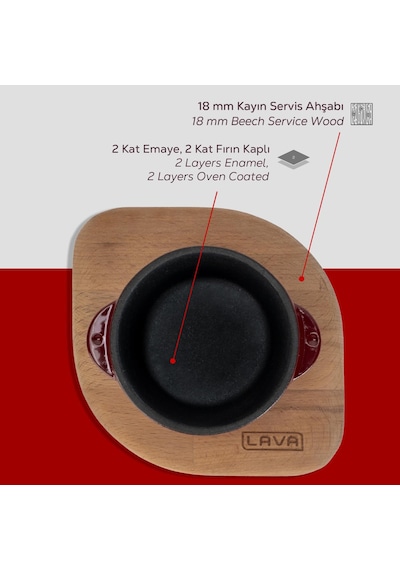 Lava Döküm Yuvarlak Sufle / Sos Kabı Ve Ahşap Altlığı. Çap Ø 8cm.-bordo Bordo - Siyah