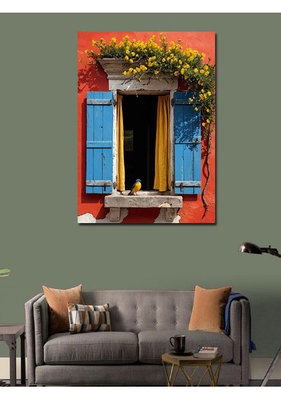 Kanvas Tablo Mavi Pencere Ve Çiçekler 50cmx70cm