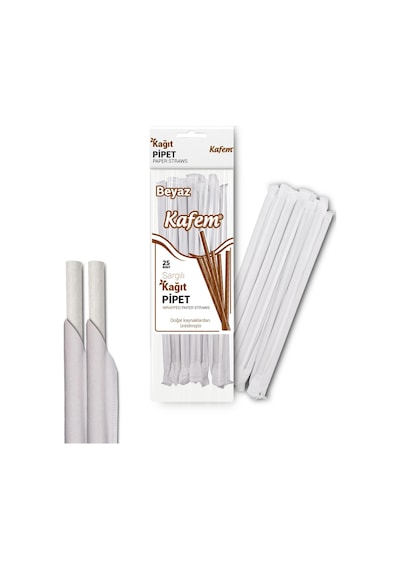 Kafem Sargılı Beyaz Kağıt Pipet 19,5cm 25li X 10 Paket