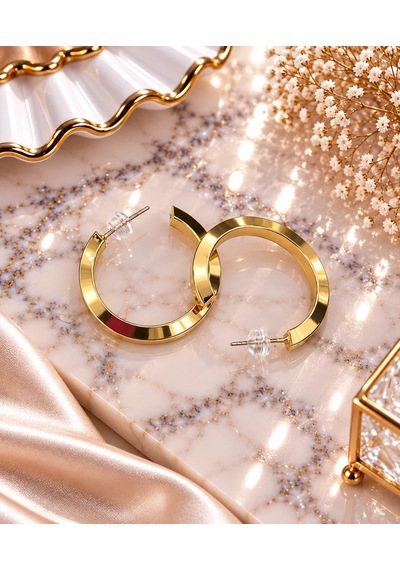Premium Parlak Ve Şık Gold Renk Orta Boy Köşeli Halka Kadın Çelik Küpe Altın