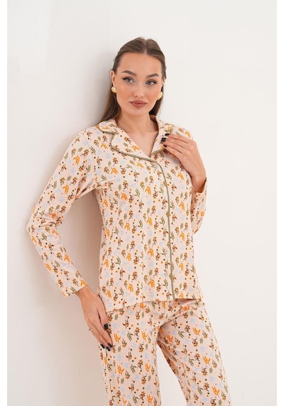 Çift Kaplan Kadın Pamuk Zeytin Desen Gömlek Yaka Yeşil Pijama Takımı 7032 Yeşil