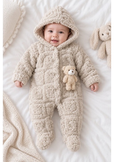 Kız Erkek Bebek Tavşan Ve Ayı Oyuncaklı Peluş Tulum Tlm0301 Bej