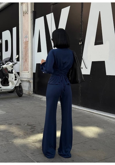 Evoa Kadın Lacivert Bel Bağlamalı Fermuarlı Hırka Ve Bol Paça Pantolon Takım