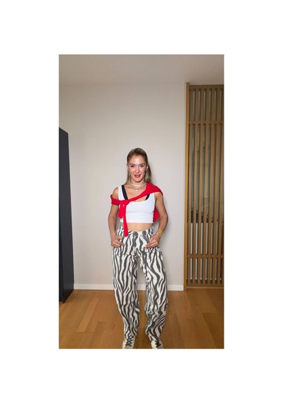 Jenerik Zebra Desenli Bol Paça Yüksek Bel Kot Pantolon Çok Renkli